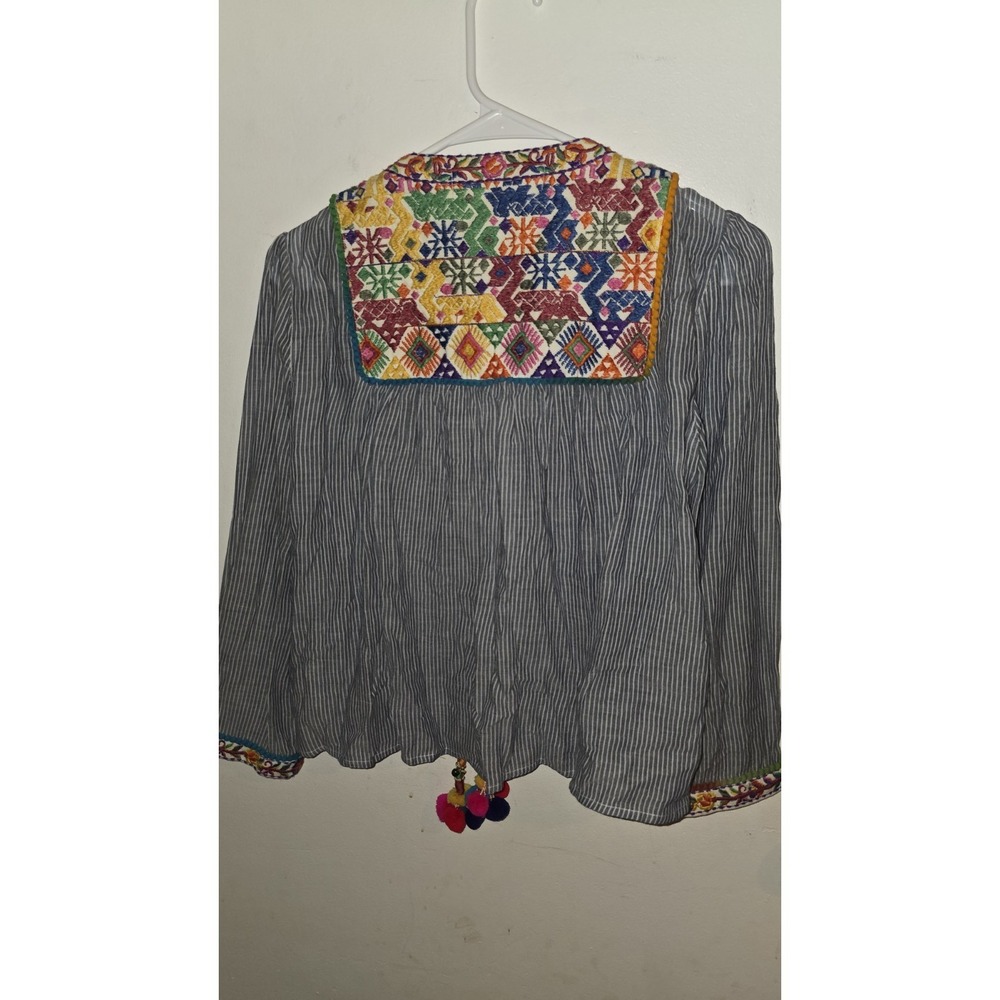 Zara Woman Jacket Blouse Embroidered Boho Pom Pom Blue White Striped Womens Sz S - Picture 6 of 10